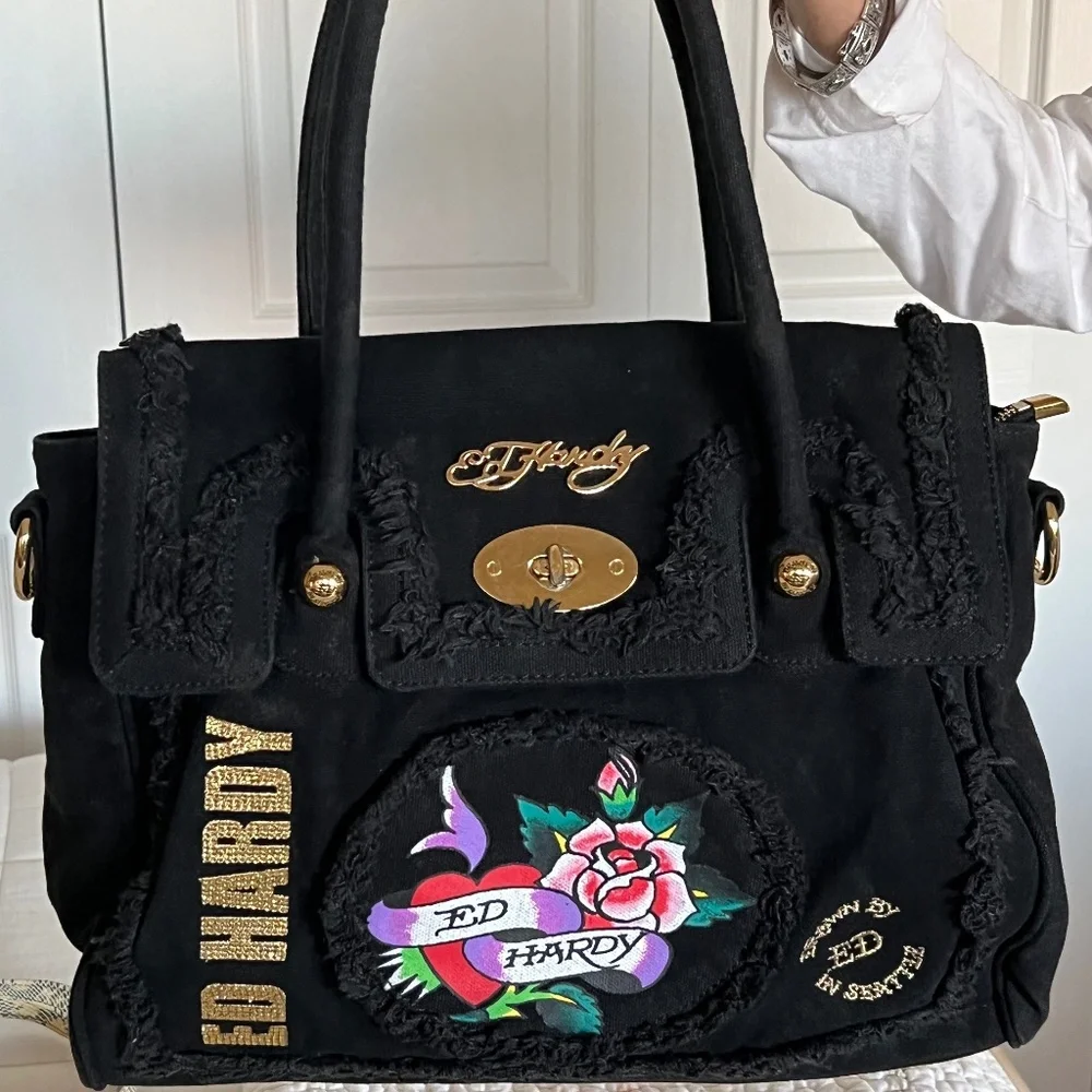 Ed Hardy Black Embossed Studded Tote Bag Ed Hardy Large Bags & Handbags for Women for sale | eBay main image 2